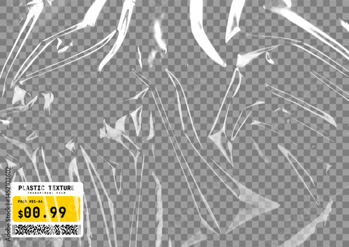 Transparent plastic film texture. Stretchable polyethylene film in A4 size. Plastic stretch cellophane effect with a crumpled and wrinkled texture. Realistic wrapping stretch film. Vector