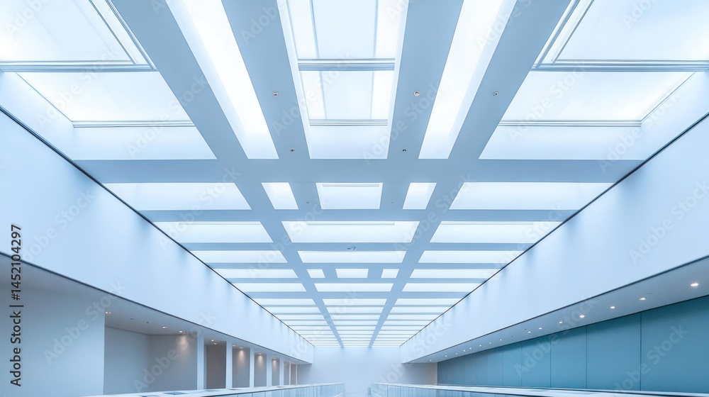 Modern building hallway skylights, bright interior design, architectural background, commercial use Modern building hallway skylights, bright interior design, architectural background, commercial use