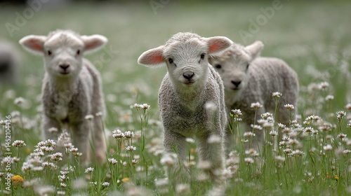 Three Playful Lambs Amidst Blooming Wildflowers on a Farm Field