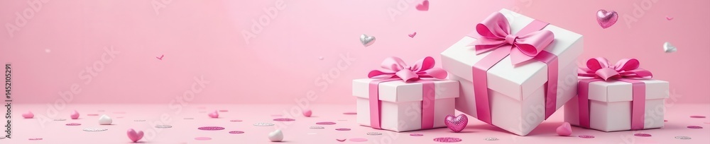 Obraz premium White gift boxes with pink bows & silver heart accents on pink background Confetti scattered , cute, bow