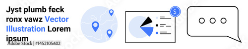 Location pins highlight navigation, pie chart illustrates financial data, and speech bubble represents communication. Ideal for finance, navigation, reporting, analytics, teamwork, communication