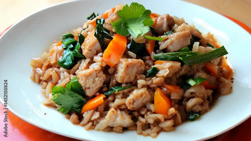 A vibrant plate of chicken fried rice featuring carrots and parsley, offering a delicious and nutritious meal option for lunch or dinner. Enjoy the savory flavor! A vibrant plate of chicken fried rice featuring carrots and parsley, offering a delicious and nutritious meal option for lunch or dinner. Enjoy the savory flavor!