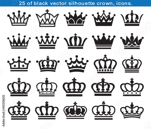 This set features various crown icons as vector illustrations, a royal collection with vintage design elements like silhouettes and symbols suitable for king or queen themed graphics