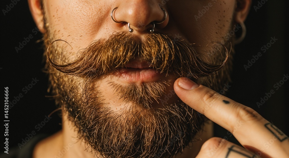 Close-up portrait of a young man with a stylish mustache and beard, playfully touching his face