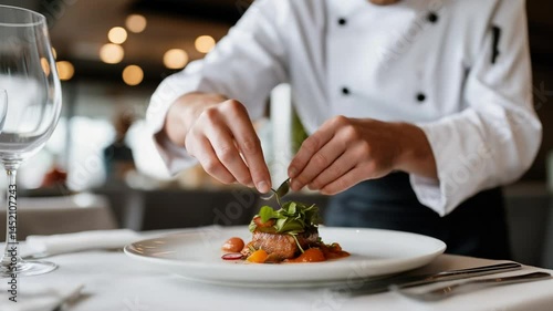 A skilled chef presenting a gourmet dish in a fine dining setting