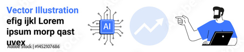 AI chip with circuit, man holding laptop pointing at graph icon, signifying technology and growth. Ideal for AI innovation, analytics, tech education, business growth, data science, future trends