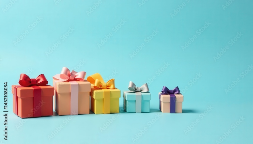 Obraz premium Row of colorful miniature gift boxes on light blue background Ideal banner , pastel, backdrop