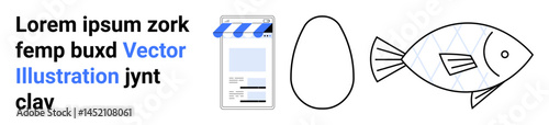 Combination of text elements, outlined fish, egg shape, and film strip motif. Ideal for creativity, education, branding, communication, storytelling entertainment and simple landing page