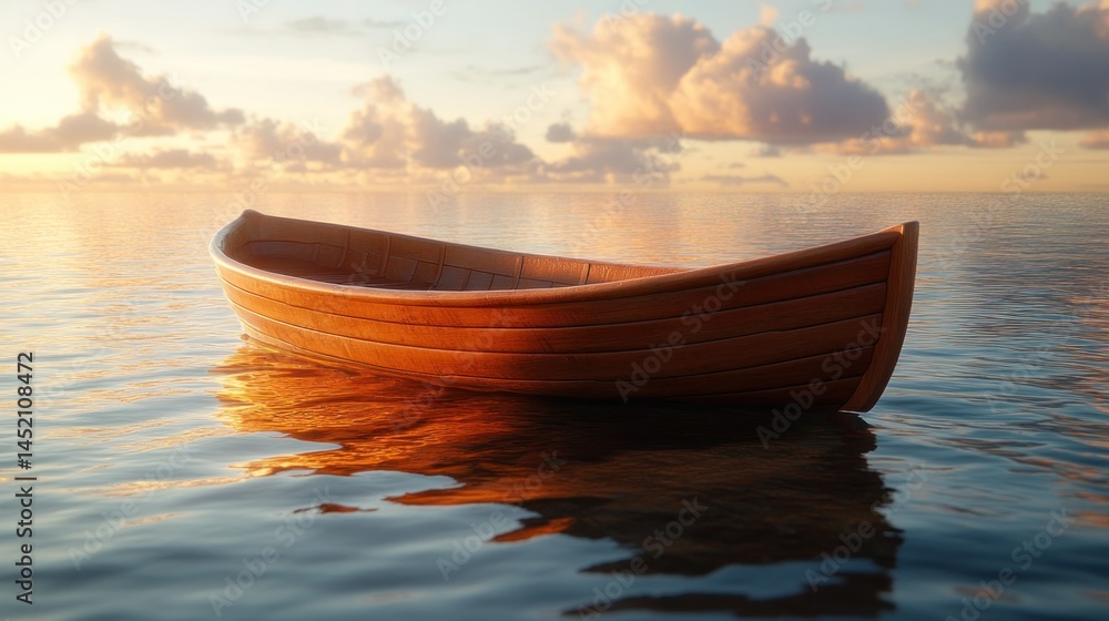 Wooden rowboat on calm water at sunset Wooden rowboat on calm water at sunset