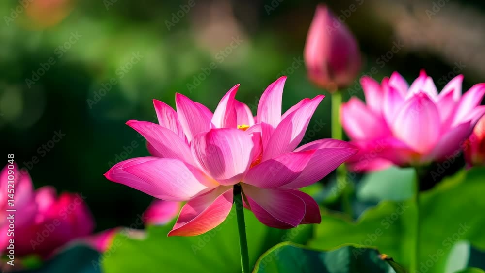 A stunning display of vibrant pink lotus flowers emerging from lush green foliage, illuminated by soft morning sunlight, creating a serene and tranquil atmosphere. A stunning display of vibrant pink lotus flowers emerging from lush green foliage, illuminated by soft morning sunlight, creating a serene and tranquil atmosphere.