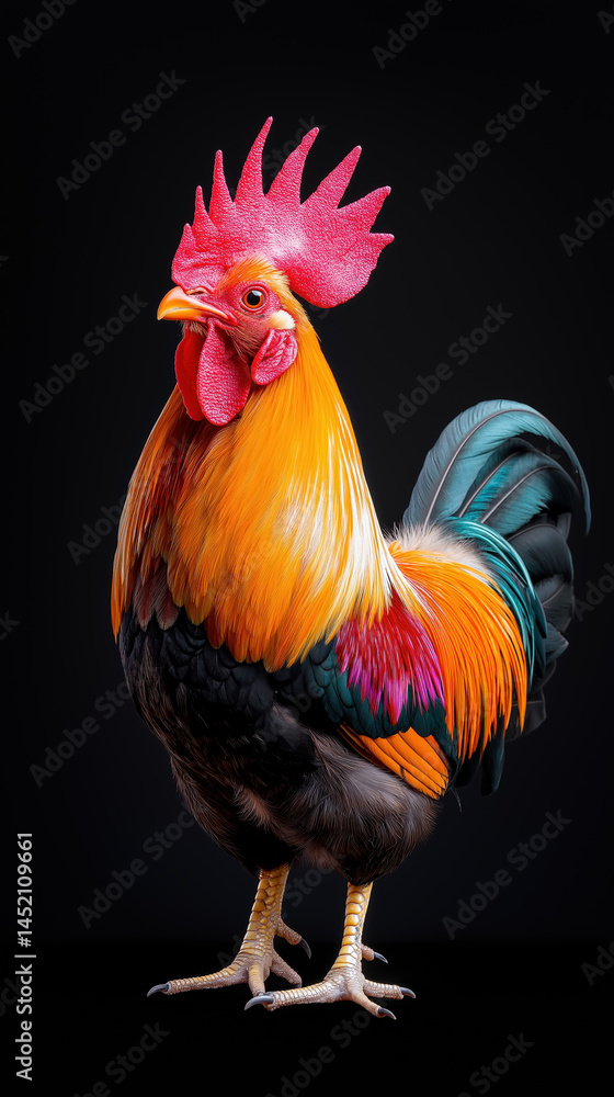 Fototapeta premium Vibrant rooster with colorful plumage in striking pose