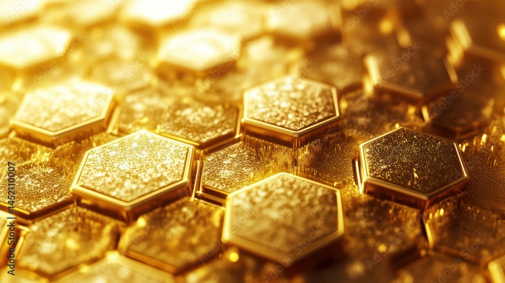 A close-up of textured golden hexagons arranged in a honeycomb pattern. A close-up of textured golden hexagons arranged in a honeycomb pattern.