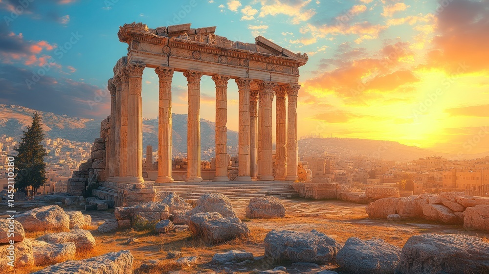 Fototapeta premium Ancient Temple Ruins at Sunset Over Damascus City