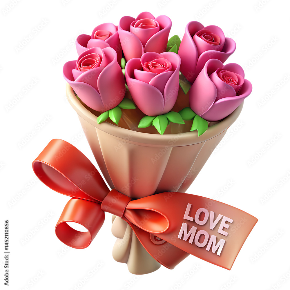 Photorealistic 3D Render of Pink Rose Bouquet with Red Ribbon Bow and Photorealistic 3D Render of Pink Rose Bouquet with Red Ribbon Bow and