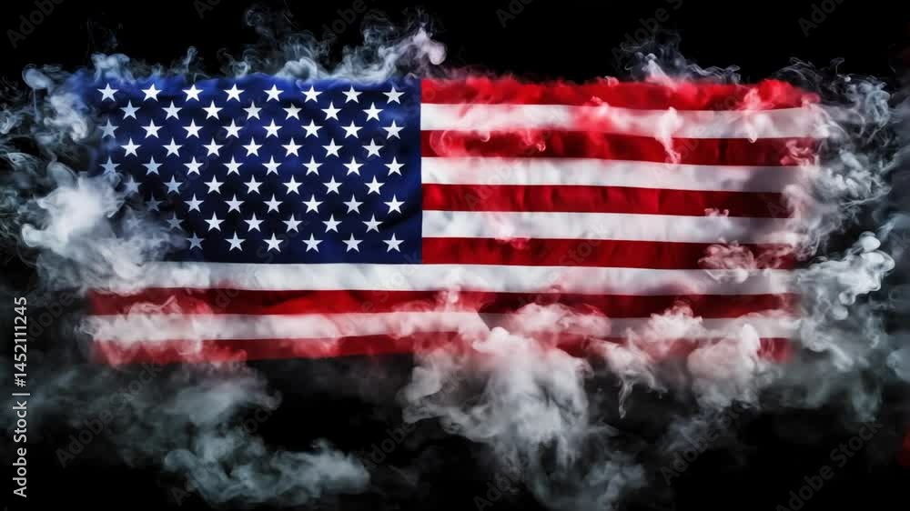 A large American flag made of swirling smoke floats against a black background, ideal for representing American Independence Day or Memorial Day
