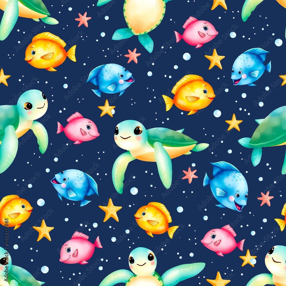 Fototapeta premium seamless underwater pattern with fishes and stars deep blue background 