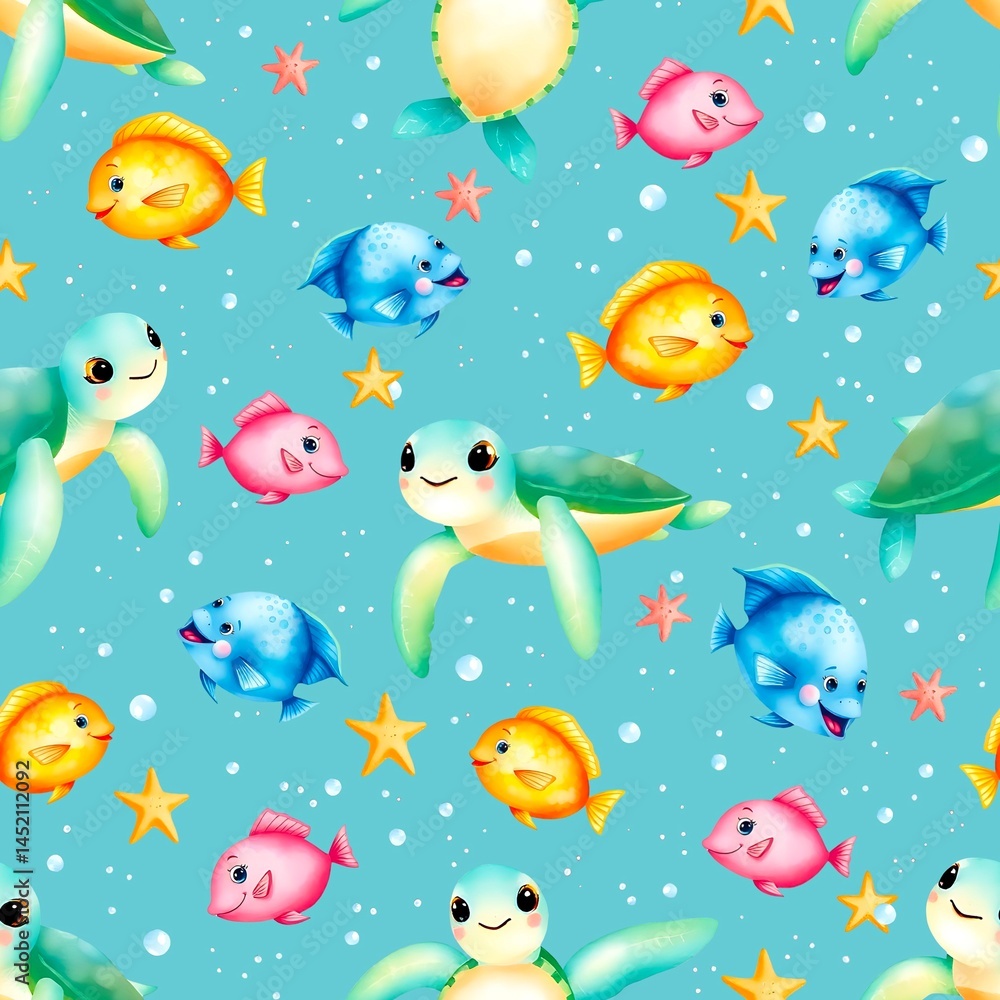 Fototapeta premium seamless sea pattern with funny fishes, stars and turtles 