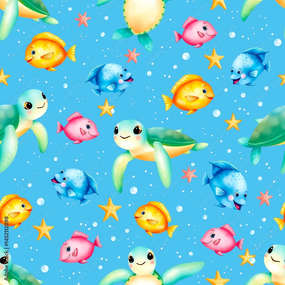 Fototapeta premium seamless pattern with funny sea fishes light blue
