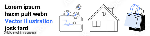 Wallet with coins representing cryptocurrency transactions, a house symbolizing real estate, and shopping bags highlighted. Ideal for finance, real estate, e-commerce, investment, savings, property