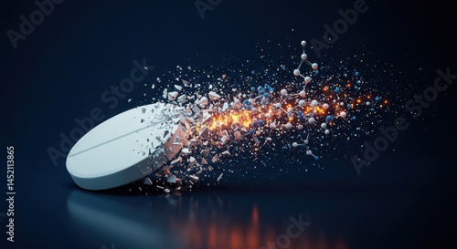 Pill Disintegration Molecular Structure Release: A 3D Render of Medicine Breaking Apart Revealing its Complex Chemical Components