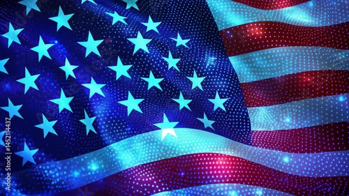 USA flag with stars and stripes designed from digital patterns. A modern take on the patriotic symbol for Memorial Day and American Independence Day