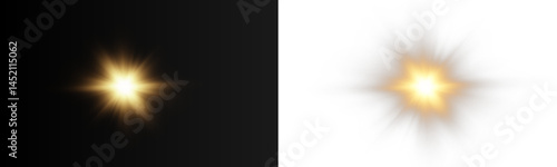 Transparent vector overlay in PNG format featuring sunlight with sun rays and glare including lens flare, light leaks, light transitions. Sun Glare. Star Vector