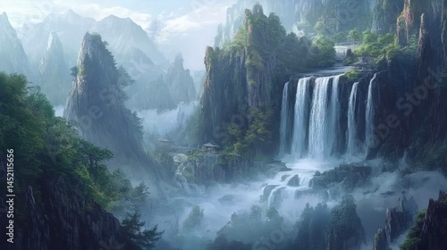 Scenic waterfall nestled in misty mountains, detailed and atmospheric art.