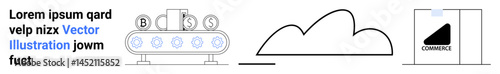 Conveyor belt moving currency symbols, abstract cloud shape, and e-commerce package. Ideal for finance, technology, storage, online business, innovation, process management simple landing page