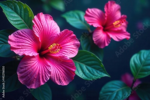 Tropical hibiscus blossoms seamlessly blend with glowing neon liquid swirls , seamless, pink
