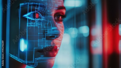 A woman's face with a digital interface overlay, futuristic technology theme.