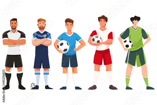 Soccer Football Players Standing with Confidence Flat Vector Illustration on Transparent Background
