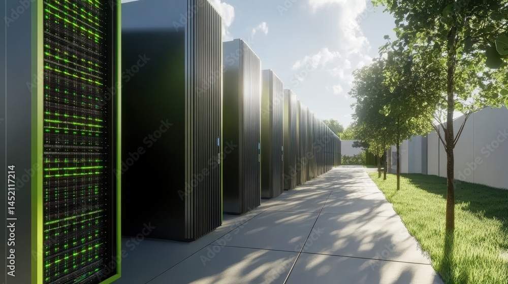 Fototapeta premium Showcase a green data center concept with an emphasis on eco-friendly design elements, highlighting sustainability practices and energy-efficient technologies integrated with AI.