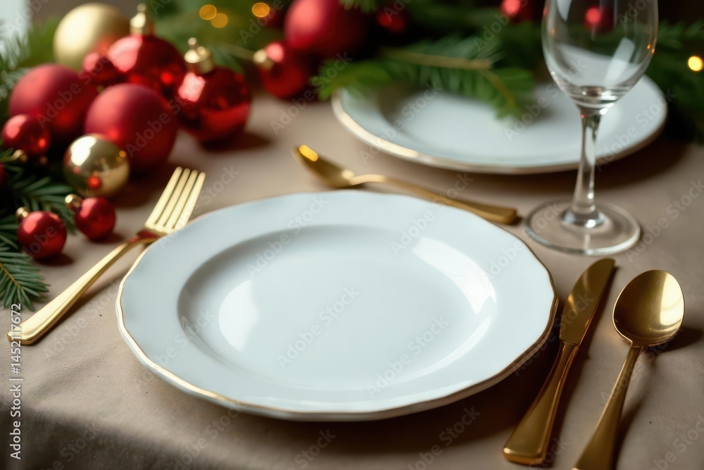 Elegant gold cutlery on pristine white plates, festive Christmas/New Year table setting , holiday table, dinnerware Elegant gold cutlery on pristine white plates, festive Christmas/New Year table setting , holiday table, dinnerware