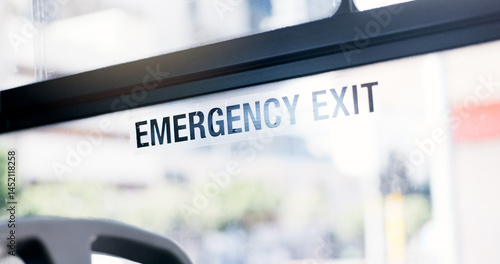 Fotografija City, travel and window of bus, emergency exit and safety in public transport, empty and information