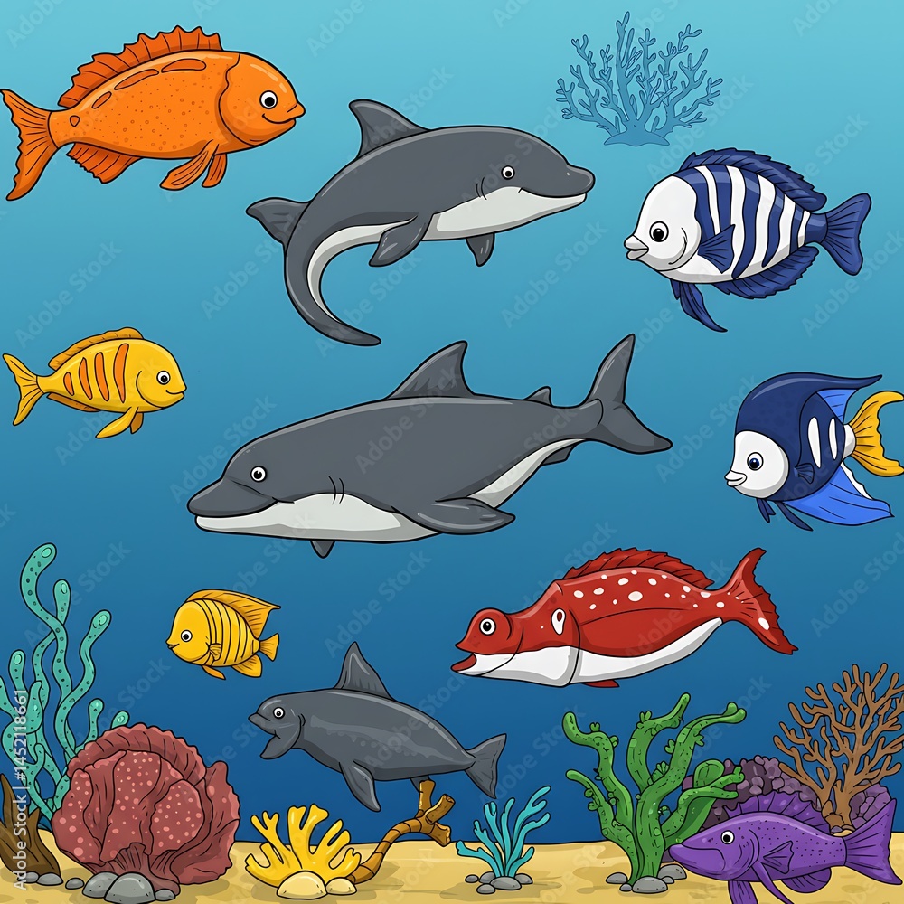 Naklejka premium Vibrant Underwater Cartoon: Ocean Life's Colorful Charm AI Generated