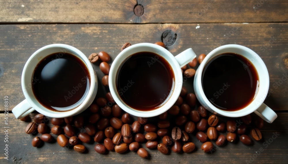 Neatly arranged coffee cups & roasted beans ready for tasting , coffee culture, dark roast Neatly arranged coffee cups & roasted beans ready for tasting , coffee culture, dark roast