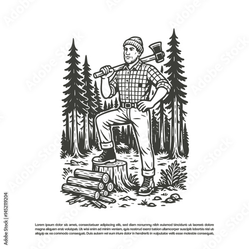 Hand drawn lumberjack wooden cutter in forest vector illustration