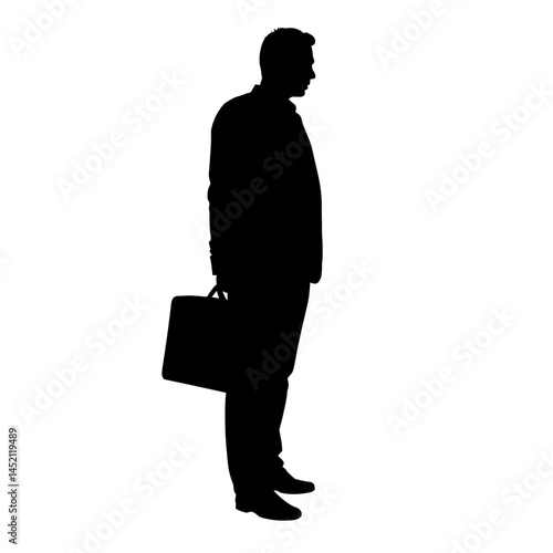 Silhouette in profile of a man in a suit holding a briefcase on a transparent background  