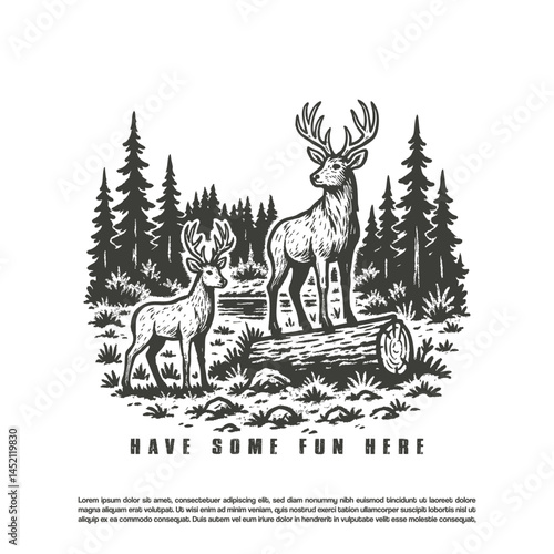 Vintage retro two deer in the wild forest vector