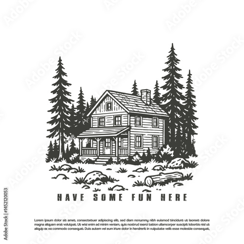 Vintage retro hand made wooden cabin forest environment vector