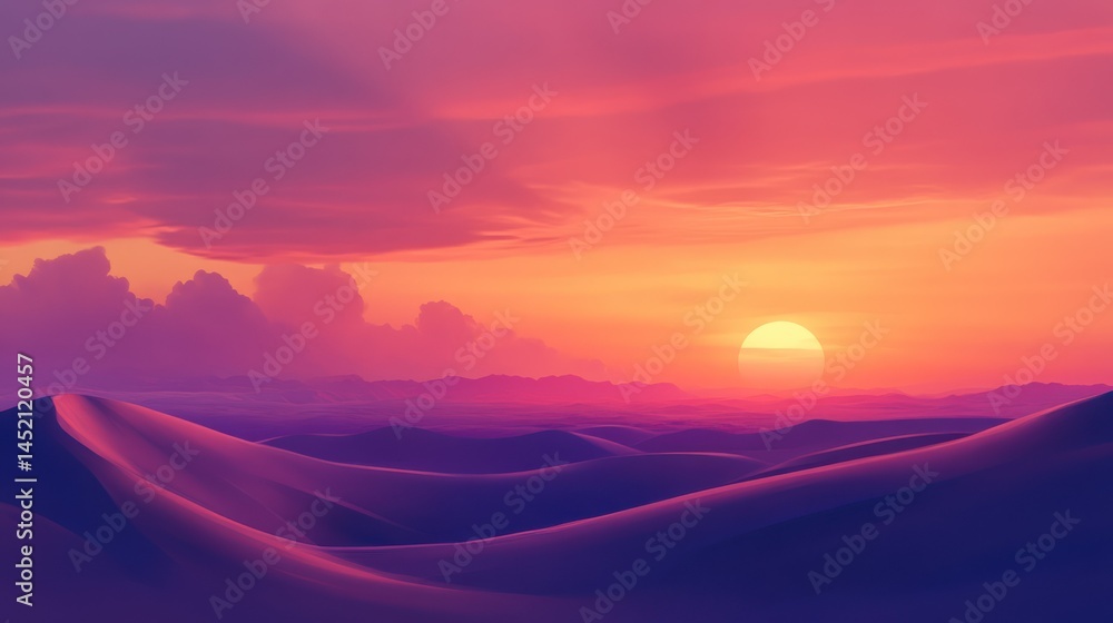 Sunset in a purple and pink desert landscape with rolling dunes. Sunset in a purple and pink desert landscape with rolling dunes.