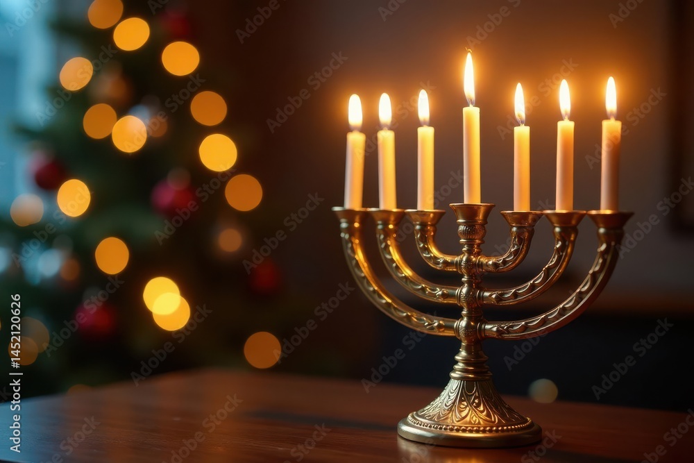 Golden menorah with lit candles, festive bokeh , background, spiritual, december holiday Golden menorah with lit candles, festive bokeh , background, spiritual, december holiday