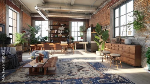 Wallpaper Mural A bright and inviting modern living room featuring rustic decor elements, vibrant plants, and comfortable seating, perfect for relaxation and social gatherings. Torontodigital.ca