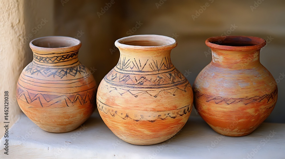 Ancient Pottery: A Trio of Handcrafted Clay Vessels Ancient Pottery: A Trio of Handcrafted Clay Vessels