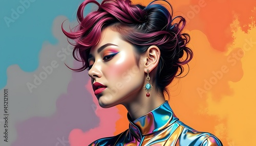 Woman with magenta hair and colorful makeup portrait ai generated fashion beauty style and earrings art 100