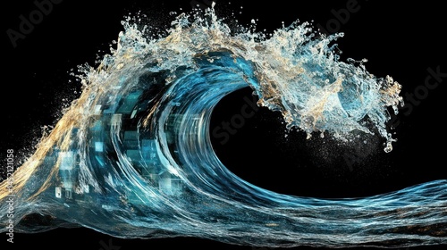 A dynamic water wave with digital pixelated elements on a black background.