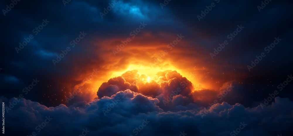 Spectacular fiery illumination breaks through dramatic sky and clouds Spectacular fiery illumination breaks through dramatic sky and clouds