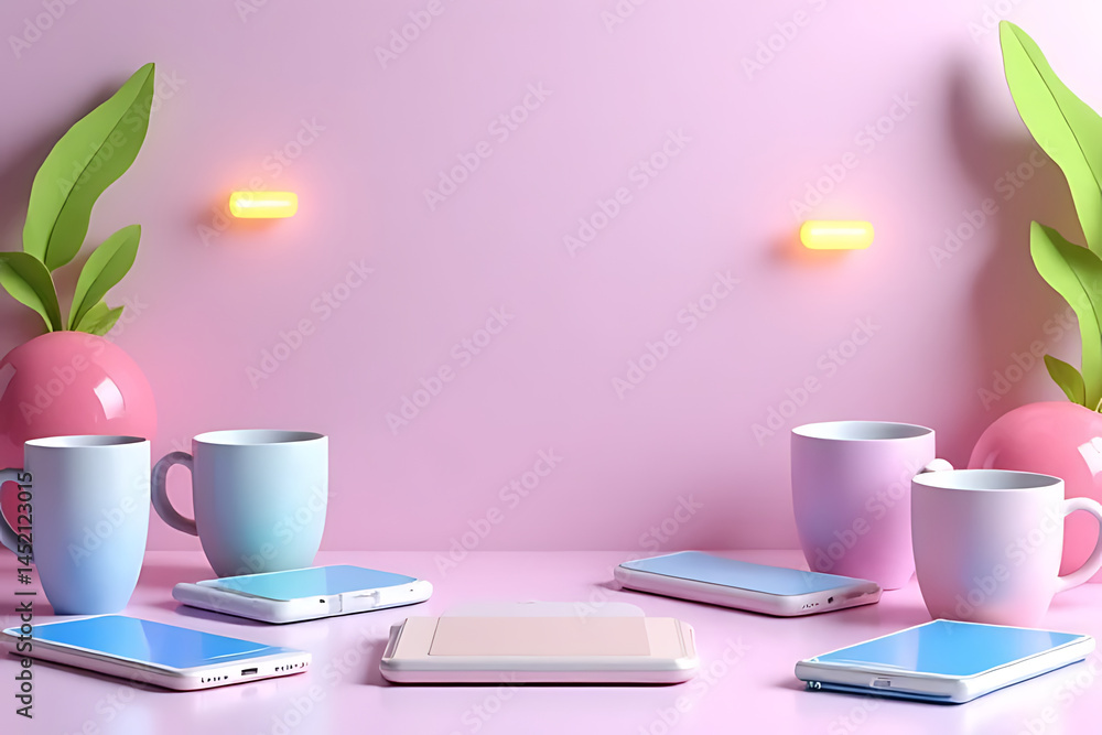 vibrant 3D-rendered workspace scene with smartphones, tablets, and coffee mugs on a pastel desk, glowing notification icons hovering in the air vibrant 3D-rendered workspace scene with smartphones, tablets, and coffee mugs on a pastel desk, glowing notification icons hovering in the air