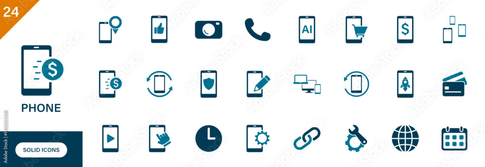 Phone icon. Containing smartphone, AI phone, mobile payment, phone protection, phone location, device.