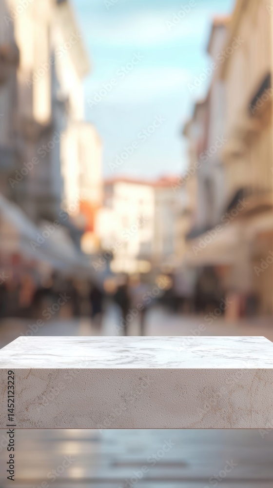 Fototapeta premium a white bench on a city street with buildings in the background 